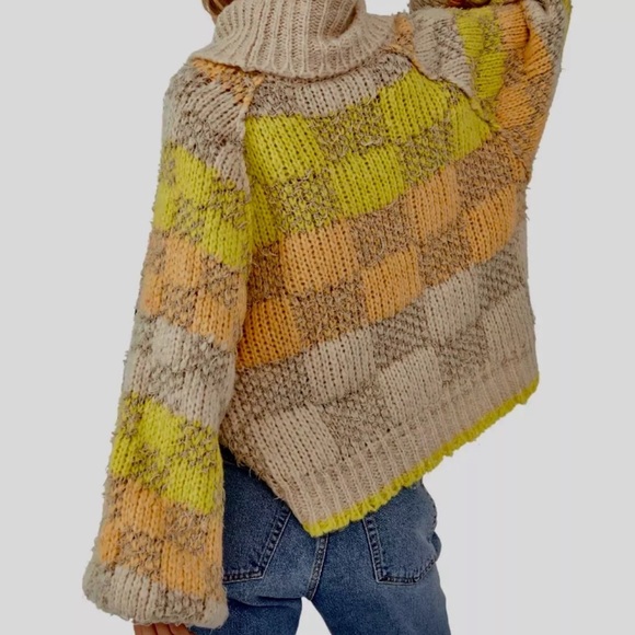Free People Check Me Out Pullover Sweater Thick Texture Turtleneck Tan Yellow - Picture 6 of 8